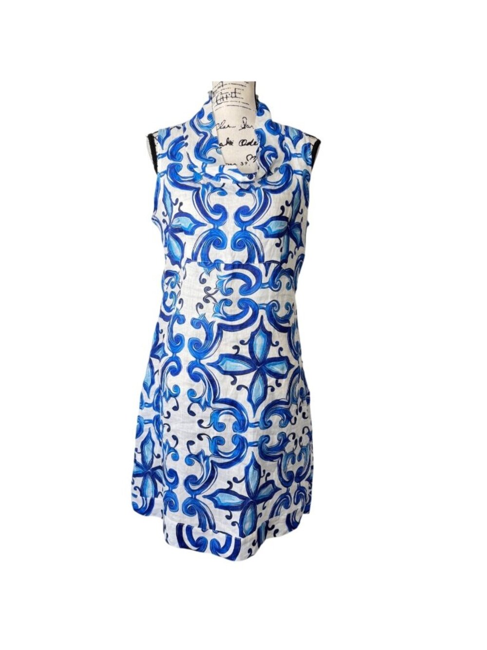 Calamassi Italy Womens Size M Dress Linen Blue White Sleeveless Cowl Neck NEW